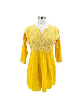 Fabindia Womens Medium Top Kurta Tunic Embroidered Floral Yellow White Boho